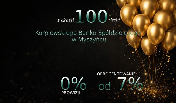 Baner Bezpieczna Gotówka KREDYT JUBILEUSZOWY. Baner przedstawia balony i warunki kredytu z okazji 100 lecia Banku