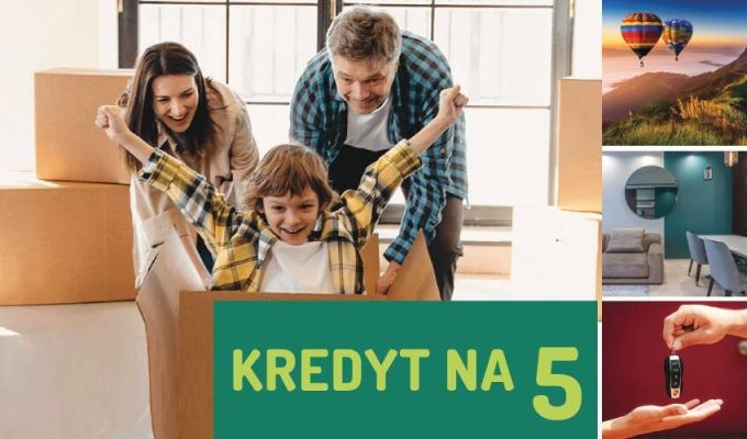 Baner kredytu na 5. Baner przedstawia Mamę, tatę oraz cieszącego się syna